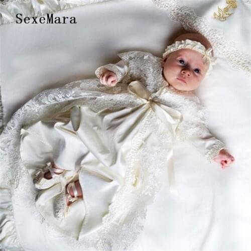 Ivory White Baby Girls Christening Gown Long Sleeves Lace Baby Birthday Baptism Gowns with Headband Vestido Infantil Menina