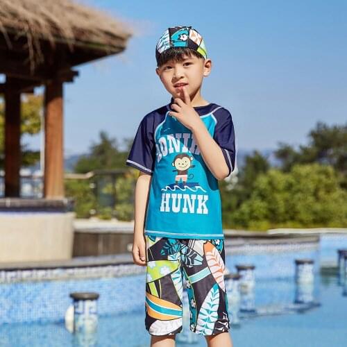 Monkey Printed Boys Swimsuit Sets Kids Two Piece Short Sleeve Rash Guard with Cap Sun Suit Beachwear Swimsuit Swimwear Rashguard