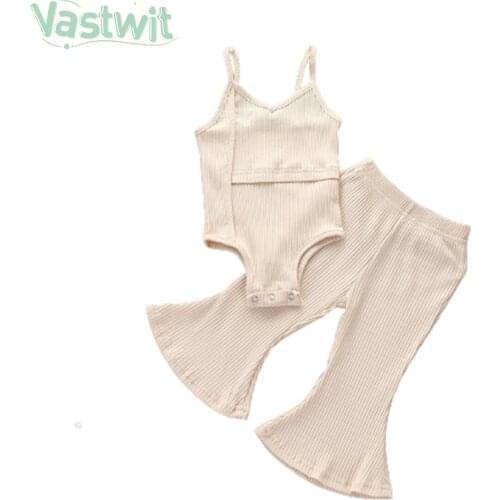 Summer Clothing Newborn Baby Girl Solid Sleeveless Romper Top+Long Bell Pants Bottoms Casual Knit Outfits Ribbed Clothes Sets
