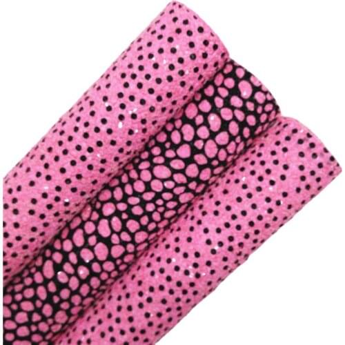 Hot Pink Chunky Glitter Vinyl Fabric Sheet with Printed Black Polka Dots Glitter Leather For Bows Earrings DIY A4 SIZE T548A