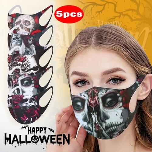 5PCS Halloween Skull Print Washable Breathable Cotton Mask Adult Fashion Facial Protector Reusable Face Masks Mouth Cover