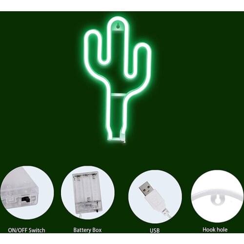 Cactus Shaped Neon Signs USB/Battery Powered Always on Acrylic Wall Decor Decorative Atmosphere LED Night Lights BS