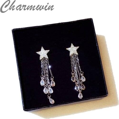 Charmwin Tassel Earrings Women Long Earrings Luxury Rhinestone Star Big Cubic Zirconia dangle Earrings PE1559