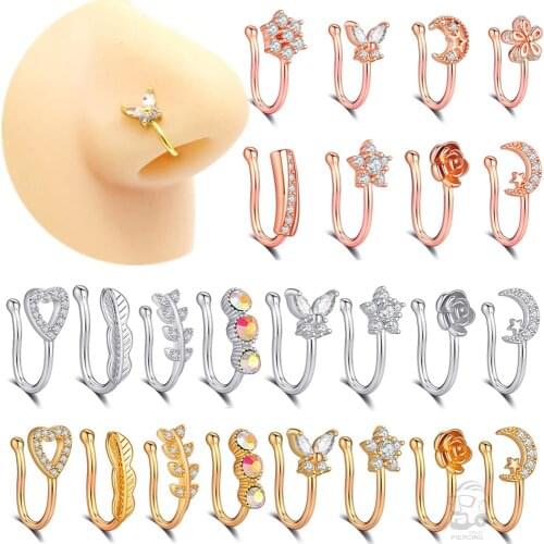 Cute Moon Nose Ring Clip On Nose Flower Stainless Steel Heart Non Piercing Butterfly Nose Cuff Nariz Clip Jewelry Piercing Nez