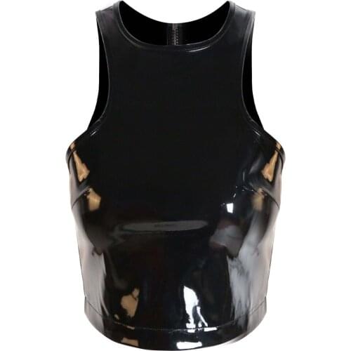 Top Quality Sexy Women Tank Tops O-neck PVC T-shirts Casual Skinny Vest Sexy Back Zipper Sleeveless Night Club Party Costume