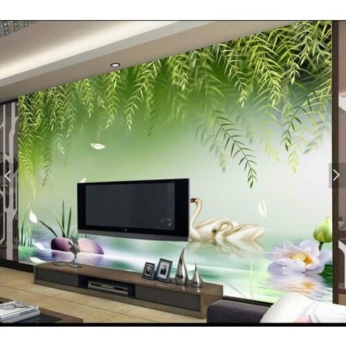 High Quality Hot Sale New custom 3d wallpaper murals scenery Hand-painted hd weeping willow green beautiful swan background wall