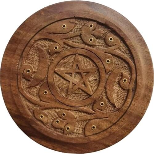W3JE Wooden Pentacle Incense Stick Holder Incense Cones Burner Tray Board Plate Craft