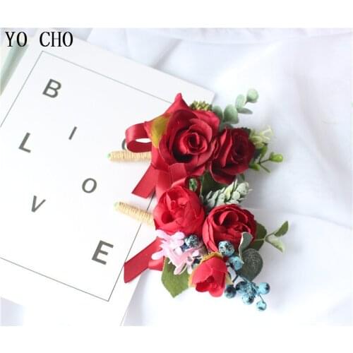YO CHO Wrist Corsage Bridesmaid Wedding Bracelet Silk Flower Corsages Groom Boutonniere Corsage Pin Wedding Marriage Accessories