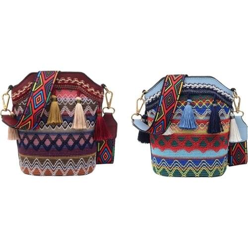 2x Bohemian Ethnic Style Womens Straw Woven Shoulder Messenger Bag Retro Casual Tassel Bucket Bag Red & Light Blue