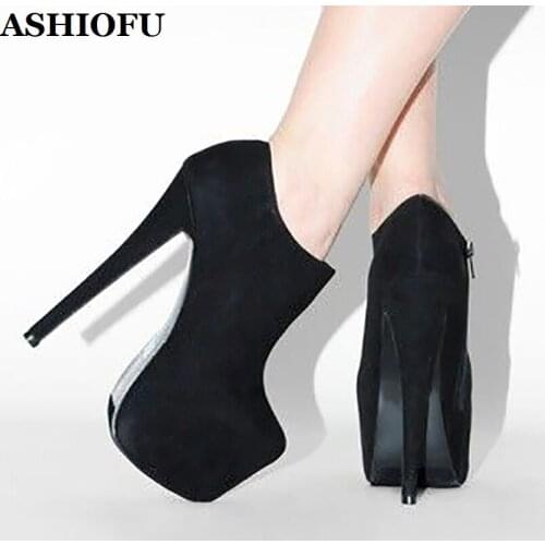 ASHIOFU Handmade Ladies High Heel Platform Boots Round-toe Party Ankle Booties Stiletto Large Size Evening Fashion Short Boots