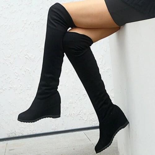 Autumn Winter Womens Fashion Solid Colors Warm Over The Knee Long Boots High Boots Round Toe Wedges Shoes Botas De Mujer#35