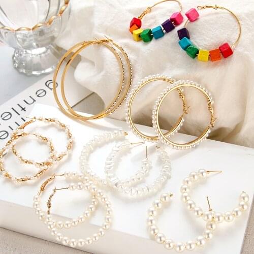 1Pair Punk Women Girls Big Circle Round Simulated Pearl Hoop Earrings Fashion Geometric Statement Jewelry Gifts