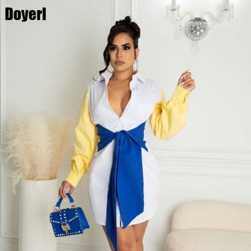 Contrast Color Long Sleeve Shirt Dress Women 2021 Turn Down Collar Tie Knot Button Up Shirt Dress Autumn Mini Short Dress Casual