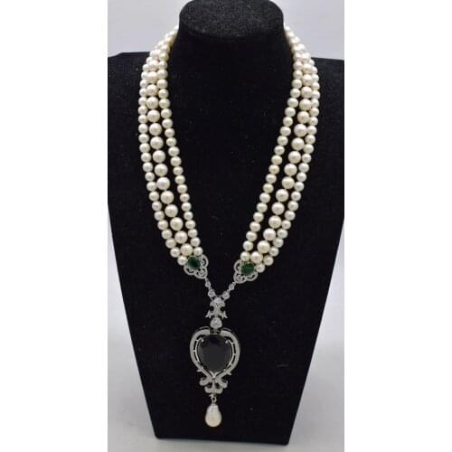 3rows freshwater pearl near round 7-10mm +green zircon pendant necklace 19inch FPPJ wholesale beads nature