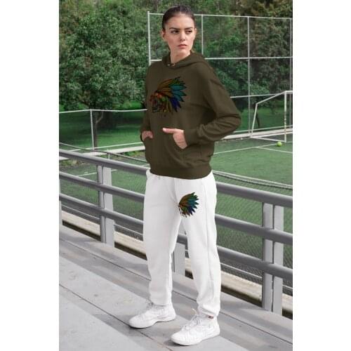 Angemiel Wear Feather Indian Crossbones Women Tracksuit Set Green Hooded Sweatshirt White Sweatpants