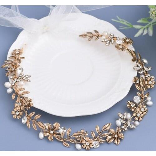 Antique Gold Leaf Bridal Tiara Headband Floral Wedding Hair Crown Accessories Pearls Jewelry Women Prom Headpiece