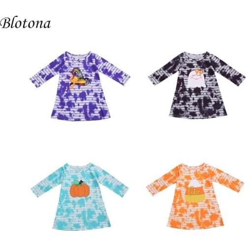Blotona Baby Kids Girls Halloween Dress Tie-dye Long Sleeves Cartoon Pattern Casual Dress Festive Clothing 1-6Y