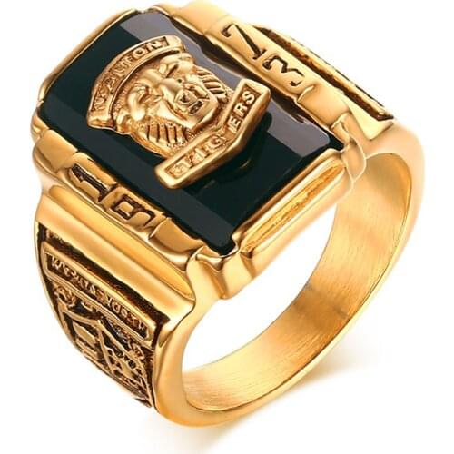 BONISKISS Punk Vintage 1973 Walton Tigers Navy Signet Stainless Steel Rings For Men High Quality Gold Color Rings Male Jewelry