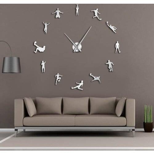 Football Players Contemporary DIY Oversized Wall Clock Soccer Game Large Clock Watch Kids Football Fans Living Room Wall Decor