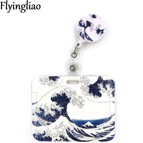 Art Painting Kanagawa Hokusai Waves Cute Credit Card Cover Lanyard Bags Retractable Badge Student Nurse Exhibition Enfermera