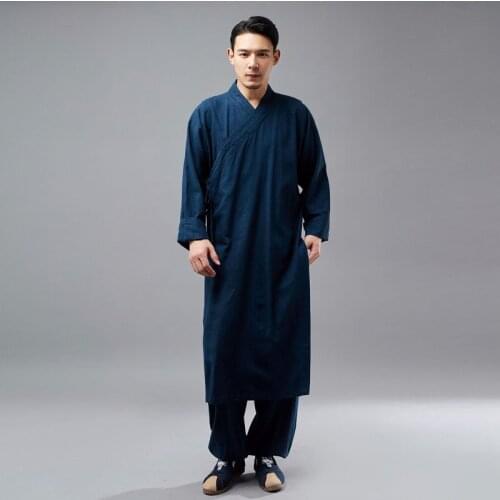 Men Long Chinese Kung Fu Long Robe Shirt Costumes Male Long Sleeve Solid Color Casual Loose Shirt