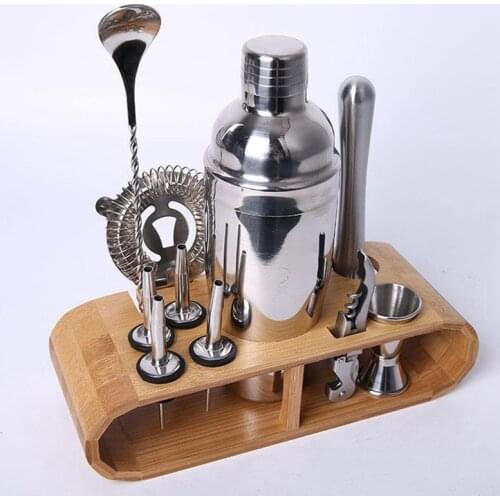 14Pcs 750ml Stainless Steel Bar Cocktail Shaker Set Barware Tools Shaker Sets with Wooden Rack Home Tool Bar Accessories