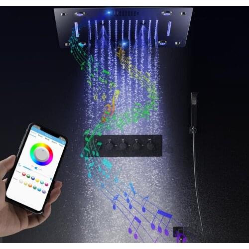 Newly Music Shower Set Bathroom Ceiling LED Shower Panel Rainfall Waterfall Shower Head Thermostatic Black Shower Faucets