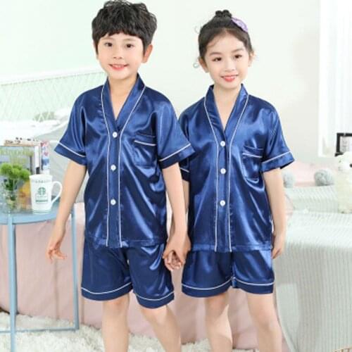 New Girls Pajamas 2021 Summer Short Sleeve Childrens Sleepwear Set Silk Homewear Suits Boys Pyjamas Sets for Kids Nightwear