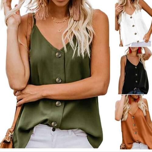 Sexy V Neck Button Loose Camis Tank Tops Summer Fashion Womens Solid Camisole Tank Tops Female Blusas Plus Size WDC2700