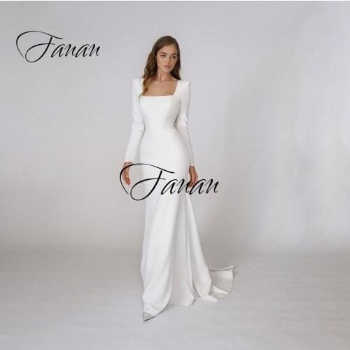 Square Collar Long Sleeve Simple Wedding Dresses Backless Mermaid Floor Length Satin Bridal Gown robe de soirée de mariage