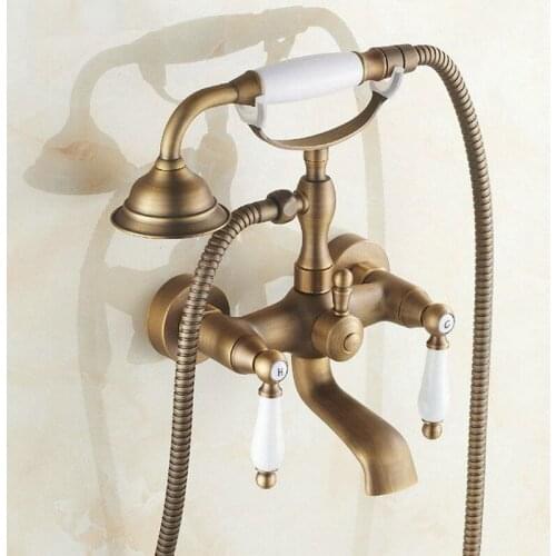 Luxury Antique Brass Finished Dual Ceramics Handles Clawfoot Tub Filler Wall Mount Bathtub Shower Mixer Tap atf152