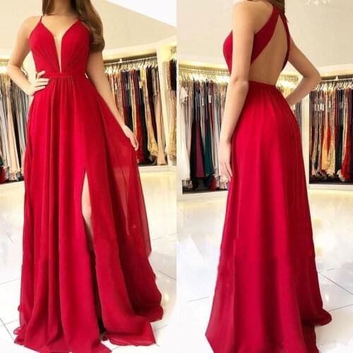 Sexy Red A Line Prom Dresses Long High Split Backless Chiffon Evening Dress 2021 Cheap Bridesmaid Dress Women Party Gowns