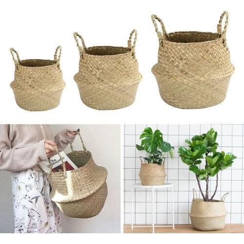 Foldable Seagrass Belly Basket Flower Plant Pot Handmade Bamboo Storage Baskets Seagrass Wicker Basket Garden Flower Pot