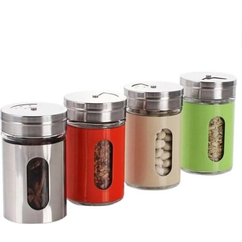 Glass Seasoning Bottle Kitchen Spices Storage Box Condiment Tank Stainless Steel Seasoning Box With Rotating Cover Random Color