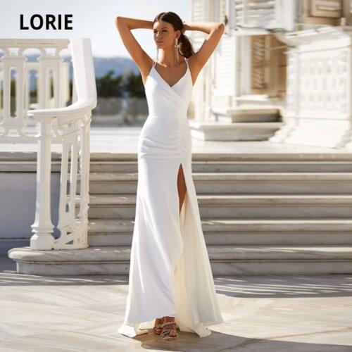 LORIE Boho Wedding Dresses V Neck Spaghetti Strap Sexy Side Split Soft Satin Mermaid Wedding Gown White Ivory Bridal Dress 2021