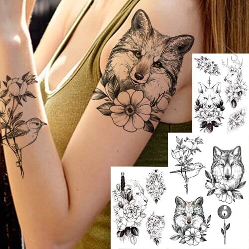 Wolf Bird Flower Temporary Tattoos For Men Women Kids Lion Tiger Deer Fake Tattoo Sticker Sword Animal Disposable Tatoos Decal