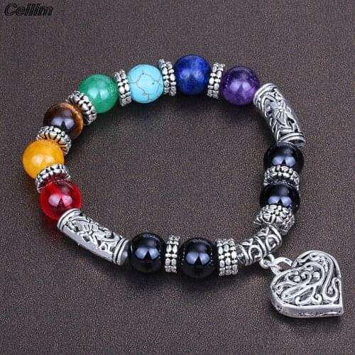 Women 8mm Bracelets Bangles 7 Chakra Healing Balance Beads Heart Charm Bracelet For Female Reiki Prayer Stones Jewelry Dropship