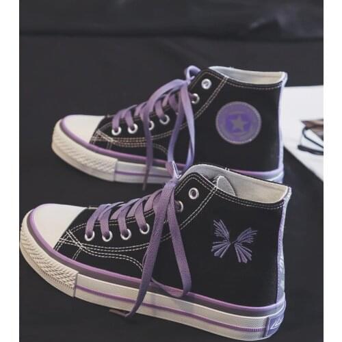 High Top Canvas Shoes Women Patchwork Cute All-Match Lace-UpFlat Sneakers Girl Chic Reflective Embroidery Casual Shoes