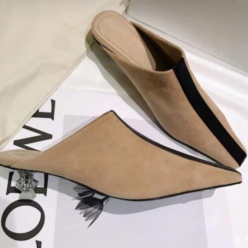 2020 New Female Mules Matching Small Heel Lady Slides Sandals Retro Square Toe Crystal Heel Single Shoes Womens Slippers Summer