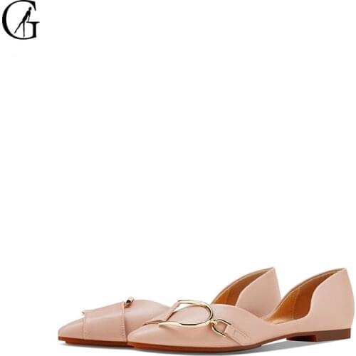 GOXEOU Womens D'orsay Flats PU Apricot Pink Pointed Toe Metal Buckle Decoration Fashion Casual Office Lady Shoes Size 35-40