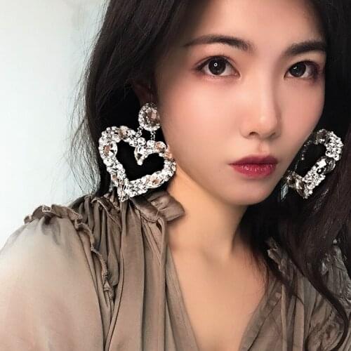 USTAR Heart Crystals Drop Earrings for women Full Rhinestone Dangle Earrings female Fashion wedding Jewelry hanging Brincos gift