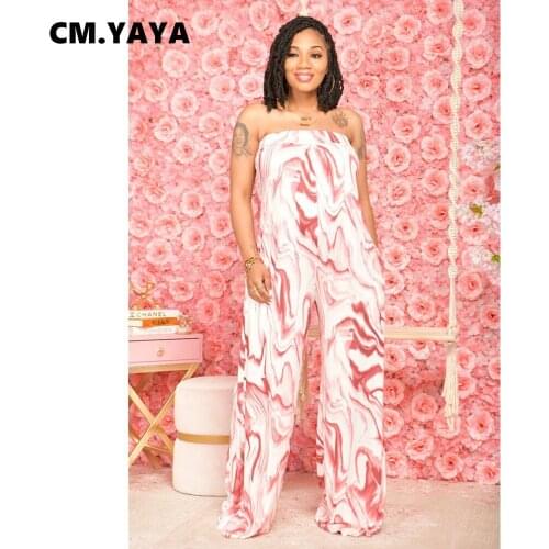 CM.YAYA Women Jumpsuit Print Gradient Color Sleeveless Strapless Loose Straight Jumpsuits Pockets Casual Fashion Outfits Summer