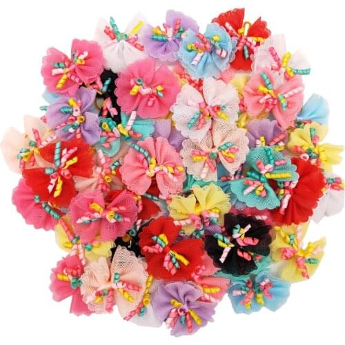 200 Pcs Pet Hair Accessories Volumes Ribbon Lace Mix Color Puppy Dog Hair Bows Rubber Bands Handmade Pet Grooming Accessories