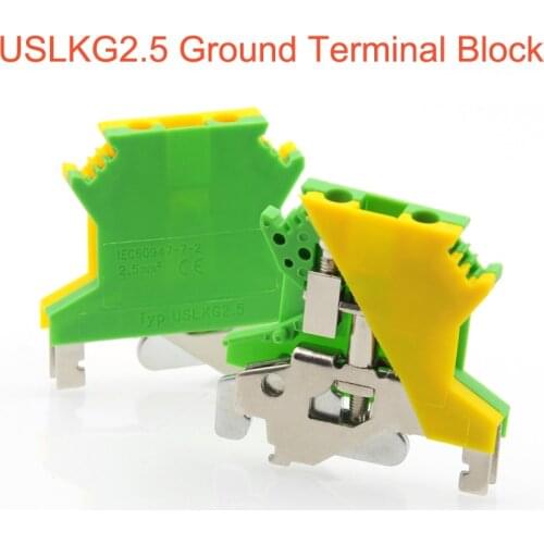5Pcs Ground Terminal Blocks USLKG2.5 DIN Rail Screw Bornier UK-2.5B Yellow Green Earthing Morsettiera Connector 14AWG 2.5mm²