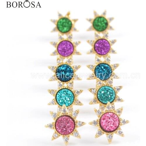 BOROSA 5Pairs Wholesale hexagram Agates Druzy Studs Earrings Natural Drusy Tianium Six Stars Fashion Earring for Women ZG0382