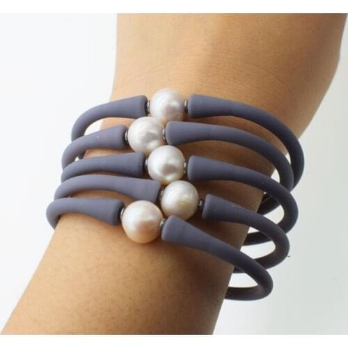 Freshwater pearl bracelet white near round 10-11mm and grey silicone nature 7.5inch FPPj wholesale beads good quality