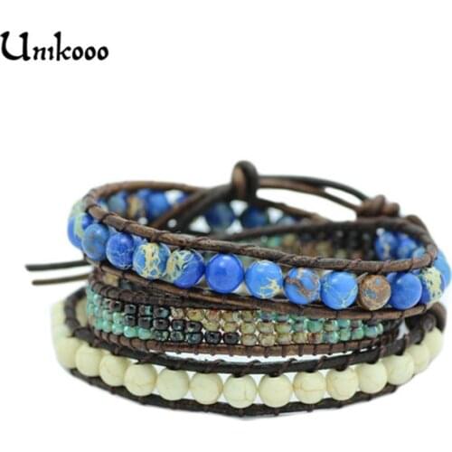 New Leather Bracelets Unique Natural Sea Sediment Multilayers Wrap Bracelets Handmade Boho Bracelet Dropship