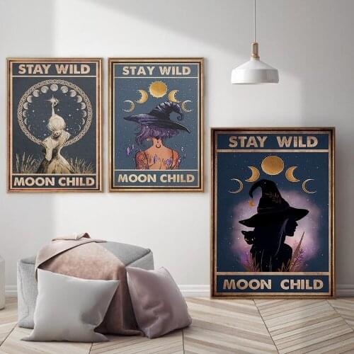 Stay Wild Moon Child Poster Hippie Witch and Cat Canvas Painting Soul Magic Prints Vintage Girl Bedroom Wall Decor Pictures