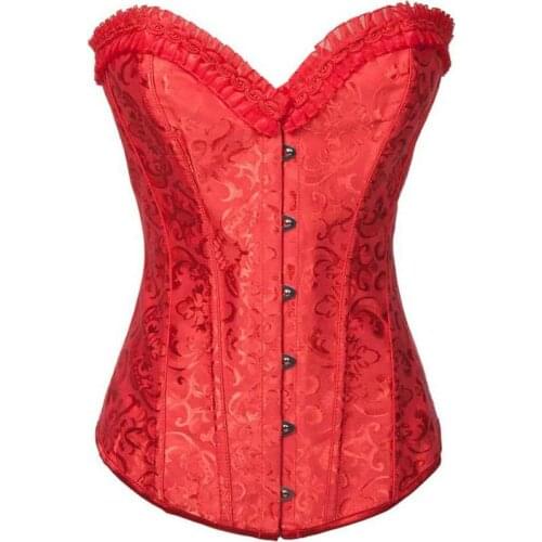 Gothic Espartilho Women Corpete Corselet Red Jacquard Lace Up Overbust Sexy Steel Boned Corset Waist slimming Corsets For Sale