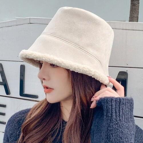 HT3775 Autumn Winter Hat Women Flat Top Bucket Cap Ladies Thick Warm Suede Fleece Bucket Hat New Fashion Fishing Cap Panama Hat